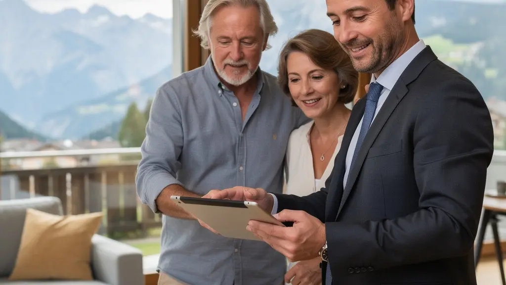 Immobilienmakler zeigt Objektdetails auf Tablet während Beratungsgespräch in Schweizer Wohnung