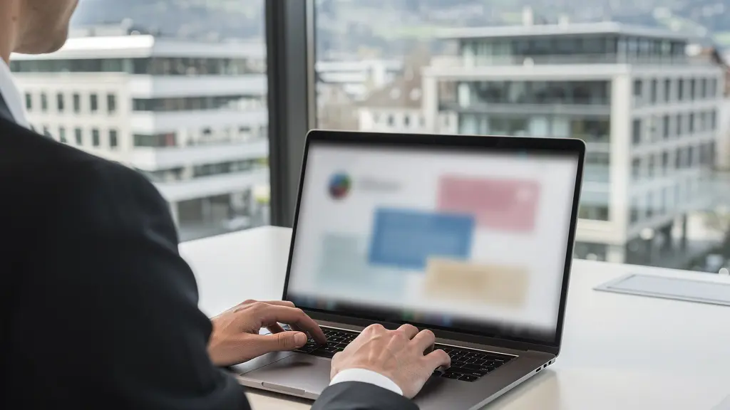 Immobilienberater prüft Objektdaten am Laptop in modernem Büro mit Blick auf Zürich