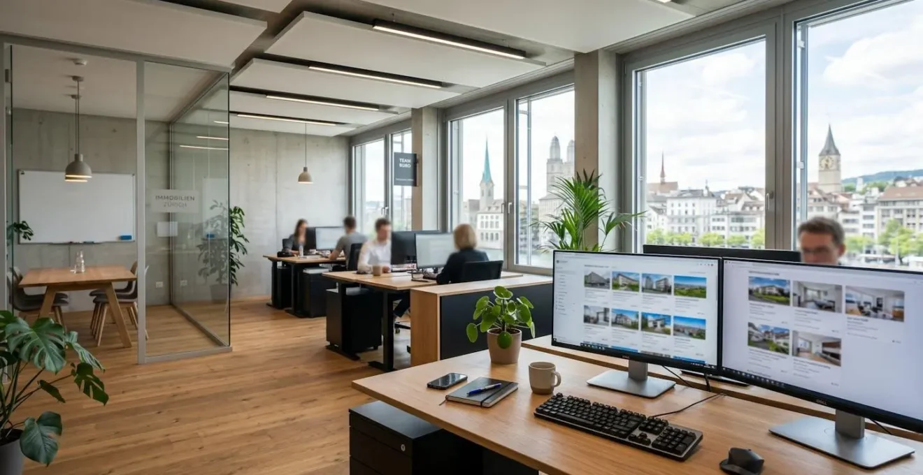 Modernes Immobilienbüro in Zürich mit aufgeräumtem Schreibtisch, Computer zeigt Immobilieninserate mit verschwommenen Details, helles Tageslicht durch grosse Fenster