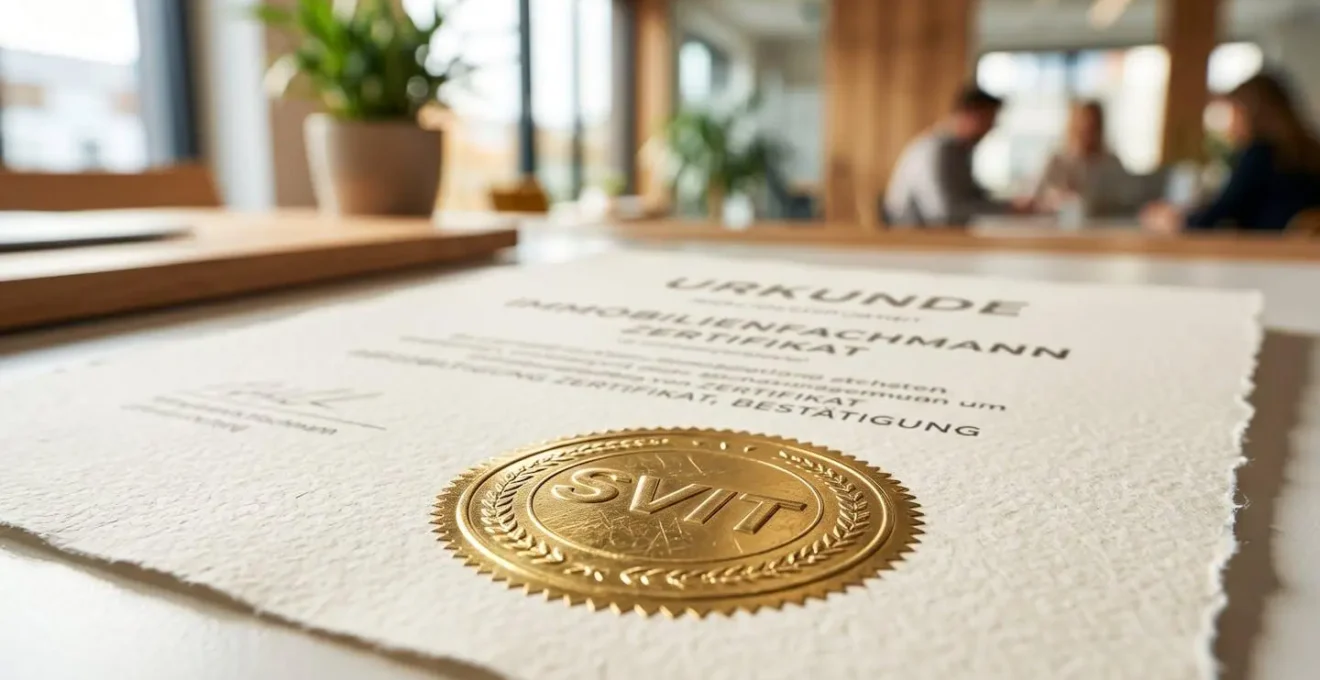 Nahaufnahme eines professionellen Immobilienmakler-Zertifikats mit goldenem SVIT-Siegel auf modernem Schreibtisch, Text vollständig verschwommen