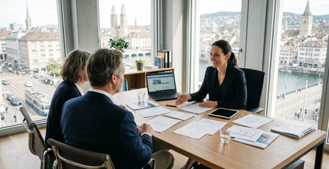 Ein Paar mittleren Alters sitzt einem Immobilienmakler gegenüber in einem hellen, modernen Büro mit Blick auf das Zürcher Stadtpanorama