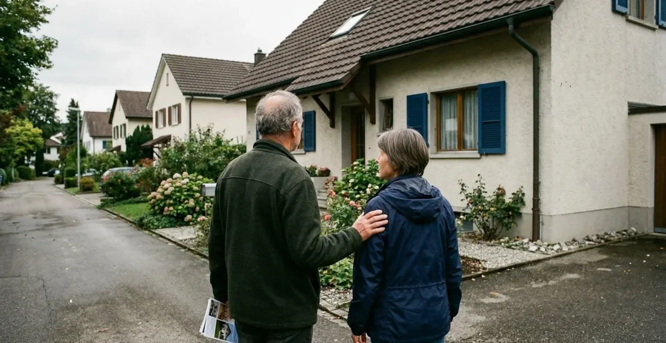 Ein Schweizer Paar mittleren Alters betrachtet ein Einfamilienhaus während einer Besichtigung im Aussenbereich