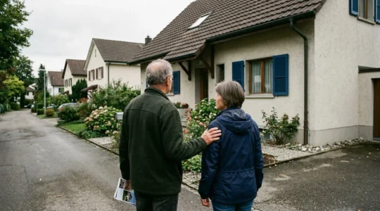 Ein Schweizer Paar mittleren Alters betrachtet ein Einfamilienhaus während einer Besichtigung im Aussenbereich
