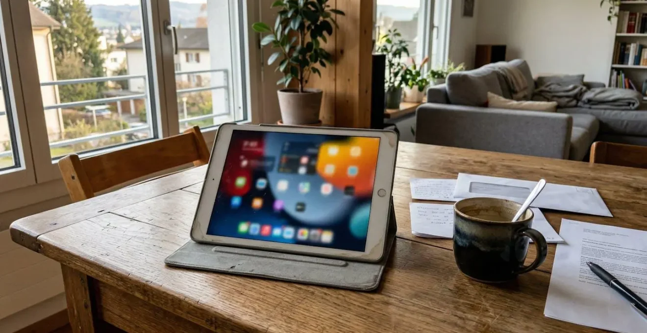 Nahaufnahme eines Tablets auf einem Holztisch mit verschwommenem Bildschirm, daneben Kaffeetasse und Dokumente in einem hellen Wohnzimmer