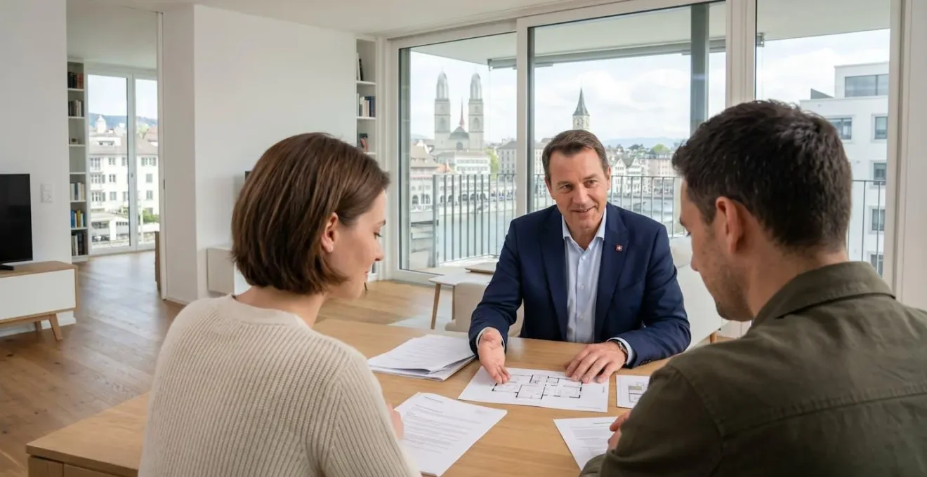 Ein Schweizer Immobilienmakler zeigt einem Paar von hinten gesehen Unterlagen in einer hellen, modernen Wohnung in Zürich