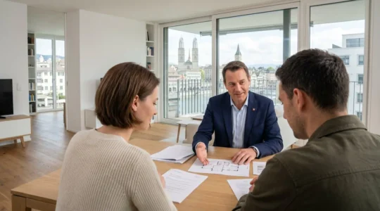 Ein Schweizer Immobilienmakler zeigt einem Paar von hinten gesehen Unterlagen in einer hellen, modernen Wohnung in Zürich