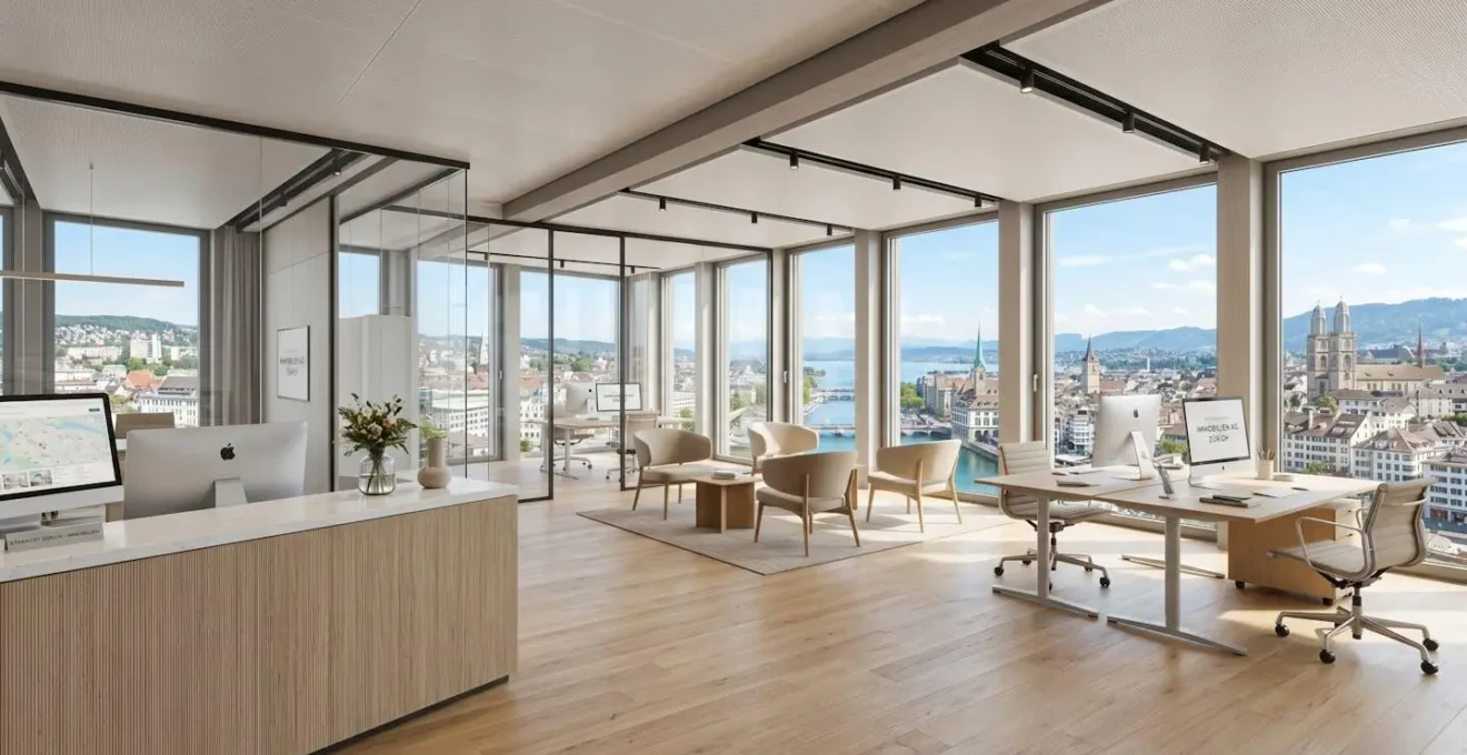 Vue grand angle d'une agence immobilière moderne et minimaliste à Zurich, avec de grandes fenêtres offrant une vue sur la ville, une lumière naturelle éclatante, sans personne au premier plan.